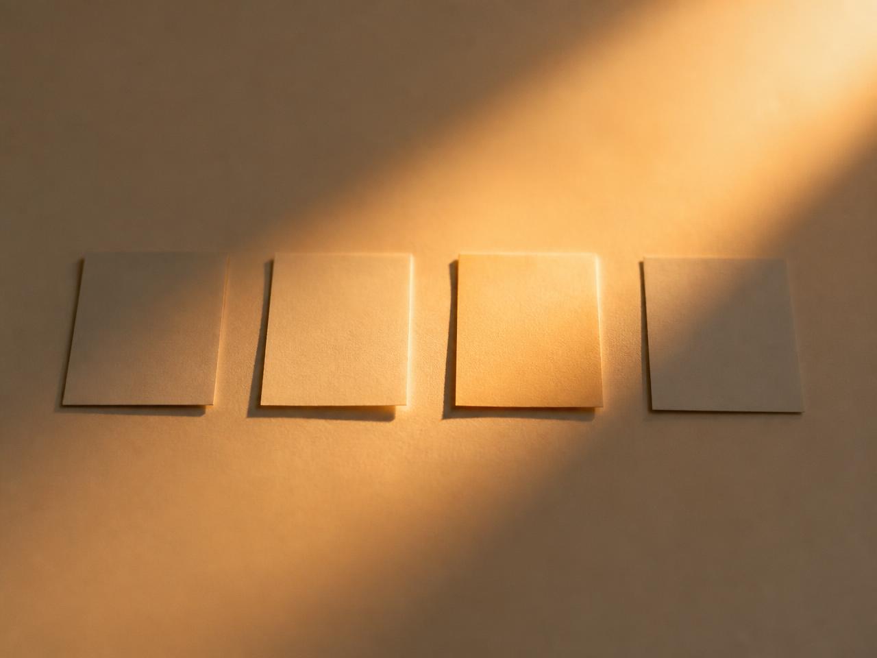 Four blank cards on warm paper: two lit by a shaft of amber light, two left in shadow.
